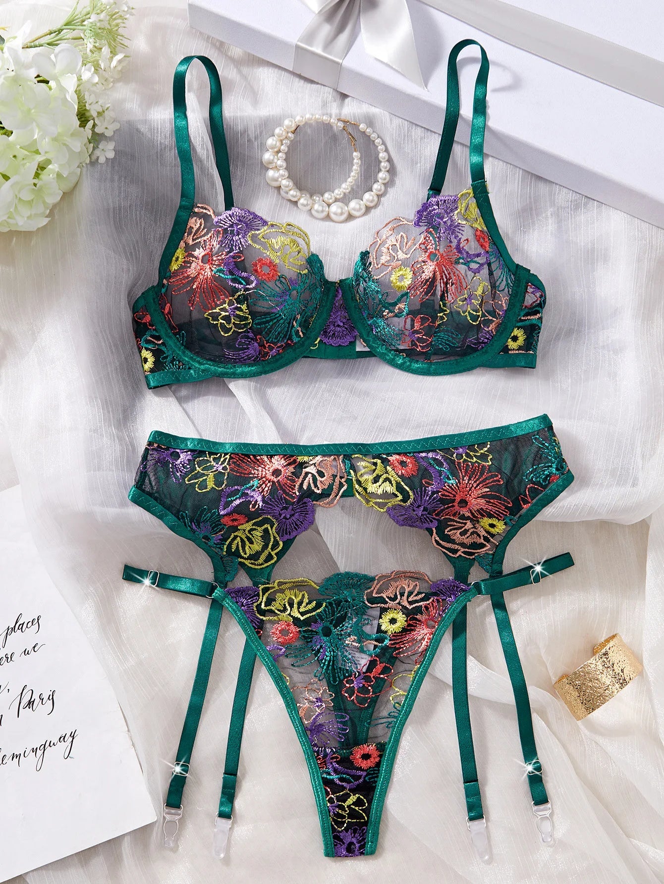 3 Piece Set Erotic Western Style Colorful Embroidery Featuring Sensual Mesh Patchwork Alluring Exquisite Lingerie Set