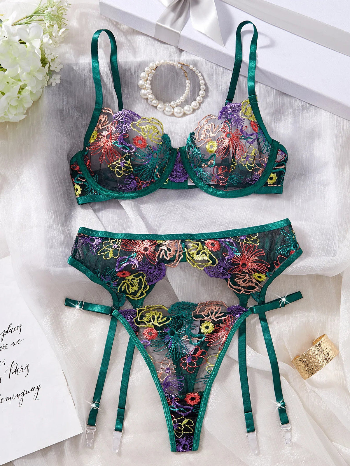 3 Piece Set Erotic Western Style Colorful Embroidery Featuring Sensual Mesh Patchwork Alluring Exquisite Lingerie Set