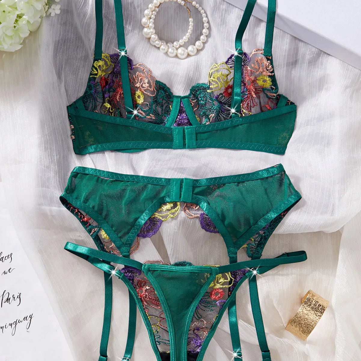 3 Piece Set Erotic Western Style Colorful Embroidery Featuring Sensual Mesh Patchwork Alluring Exquisite Lingerie Set