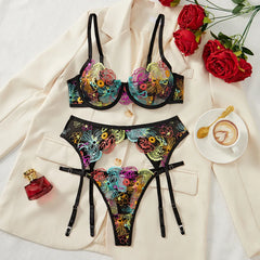 3 Piece Set Erotic Western Style Colorful Embroidery Featuring Sensual Mesh Patchwork Alluring Exquisite Lingerie Set