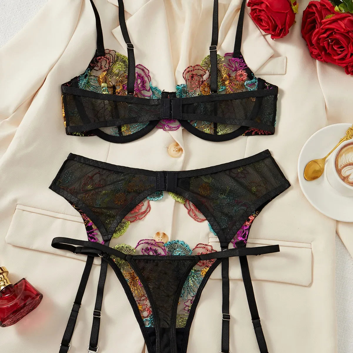 3 Piece Set Erotic Western Style Colorful Embroidery Featuring Sensual Mesh Patchwork Alluring Exquisite Lingerie Set