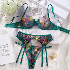 3 Piece Set Erotic Western Style Colorful Embroidery Featuring Sensual Mesh Patchwork Alluring Exquisite Lingerie Set