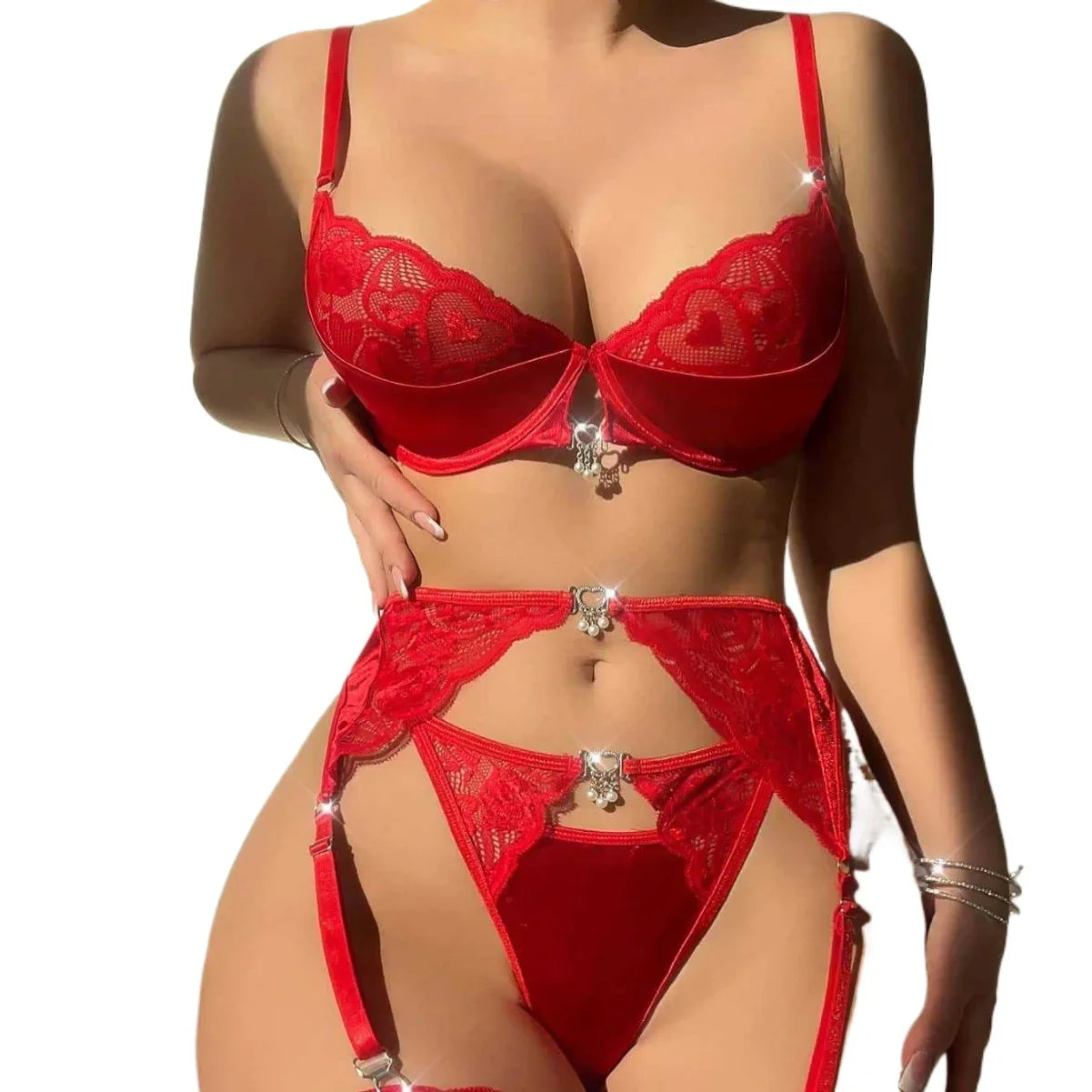 3 Piece Set Erotic Western Style Heart Embroidery Featuring Sensual Mesh See Through Alluring Exquisite Lingerie Set
