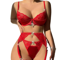 3 Piece Set Erotic Western Style Heart Embroidery Featuring Sensual Mesh See Through Alluring Exquisite Lingerie Set
