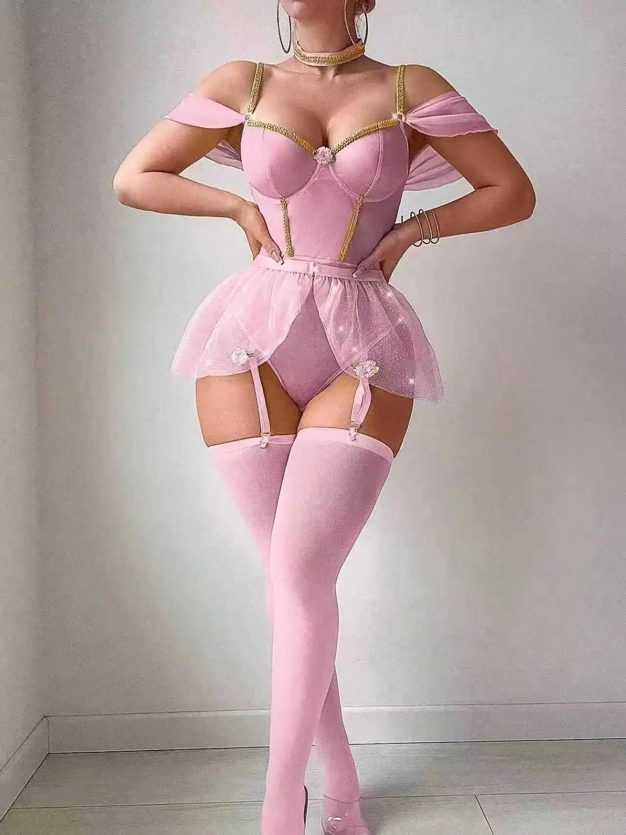 3 Piece Set Erotic Western Style Shiny Featuring Sensual Tutu Skirt Fishnet Stockings Alluring Lingerie Set