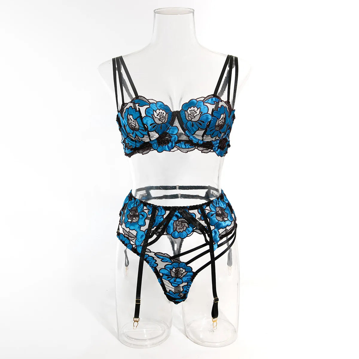 3 Piece Set Western Floral Embroidery Thin Hollow Out See Through Bra