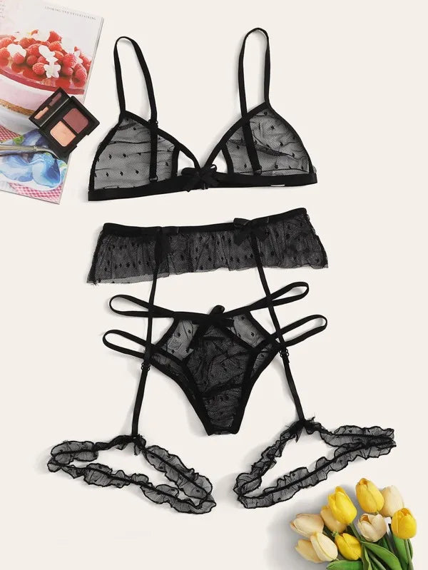 3 Piece Set Westerns Mesh See Through Bra Panties Belt
