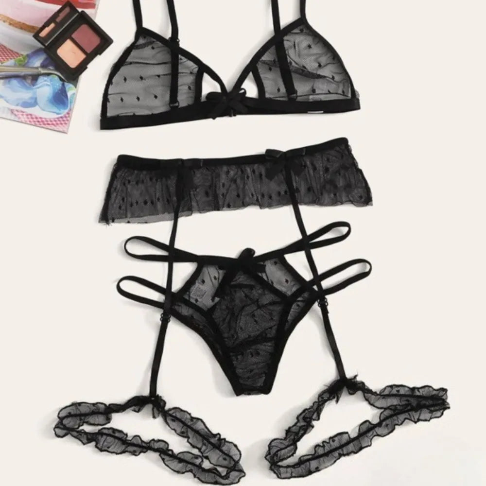 3 Piece Set Westerns Mesh See Through Bra Panties Belt