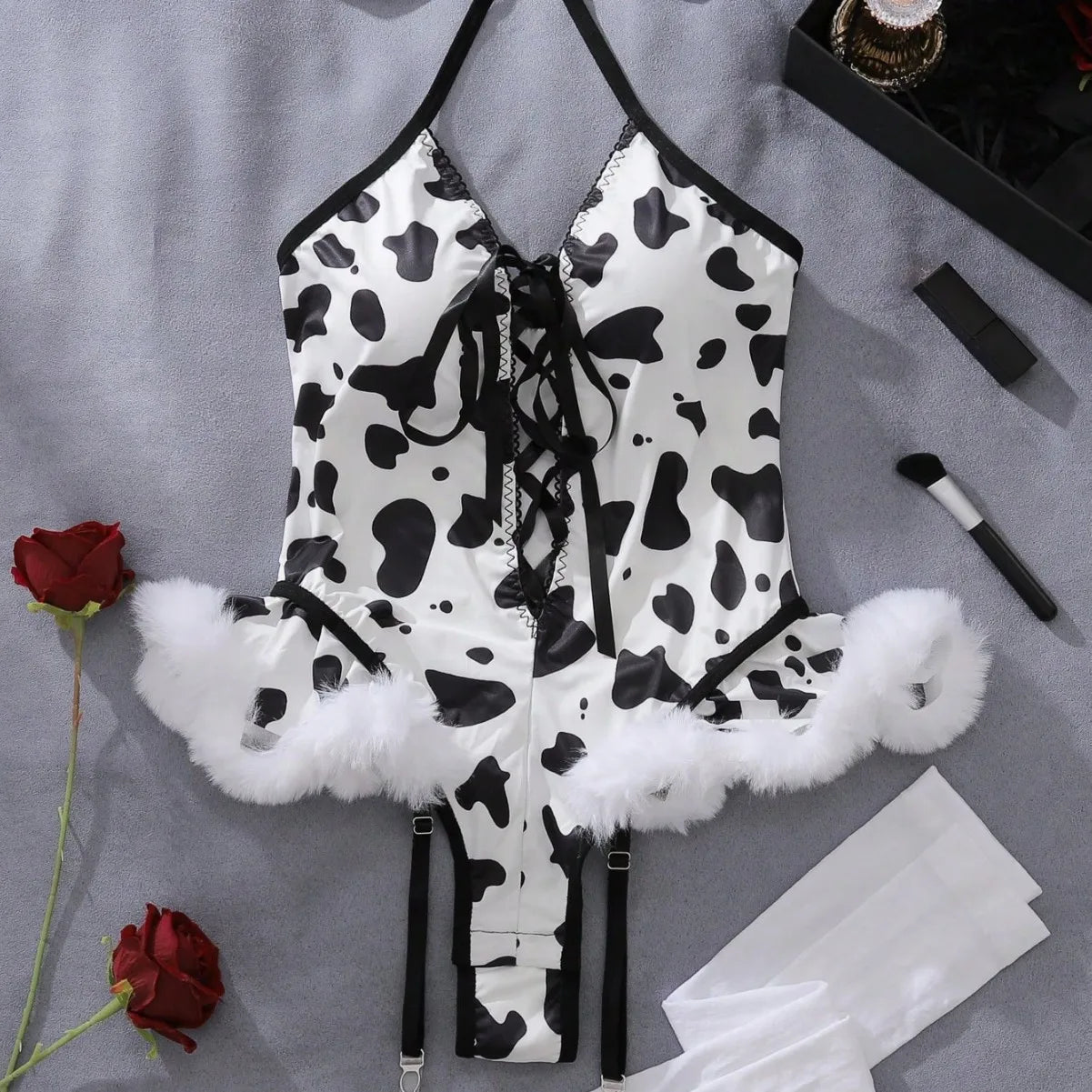 3 Piece Western Festival Holiday Cosplay Role Play Red Underwear Cow Print Outfit Bra Briefs Cow Uniform Lingerie Set