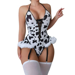 3 Piece Western Festival Holiday Cosplay Role Play Red Underwear Cow Print Outfit Bra Briefs Cow Uniform Lingerie Set