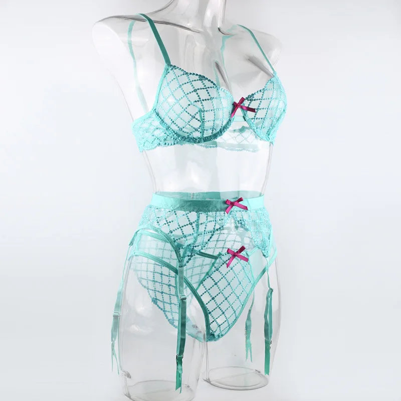 3 Pieces Lake Blue Embroidery Underwire Bra