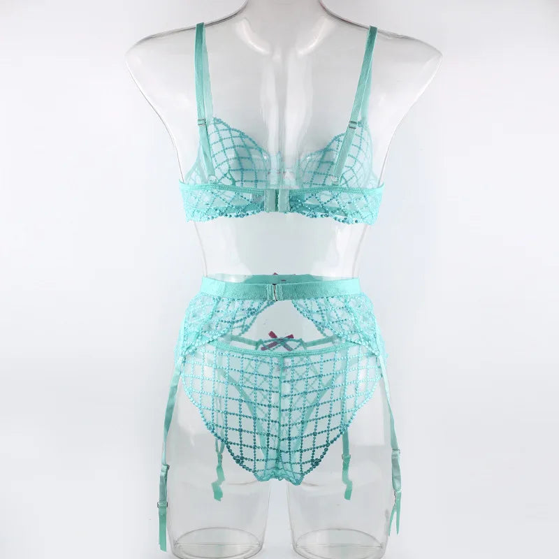 3 Pieces Lake Blue Embroidery Underwire Bra