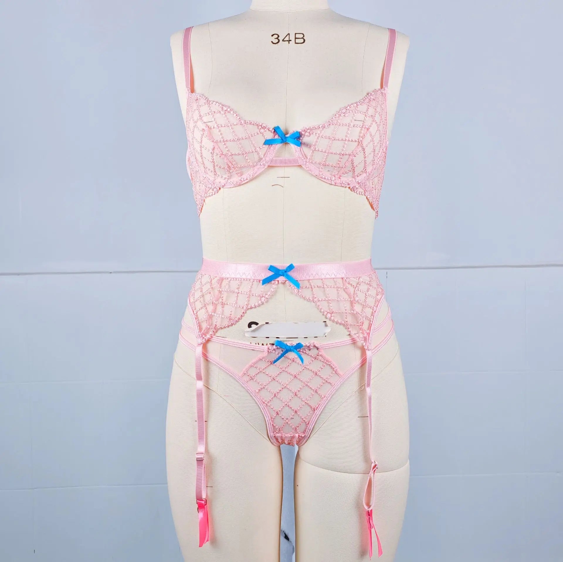 3 Pieces Lake Blue Embroidery Underwire Bra