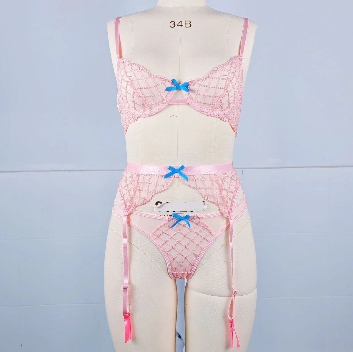 3 Pieces Lake Blue Embroidery Underwire Bra