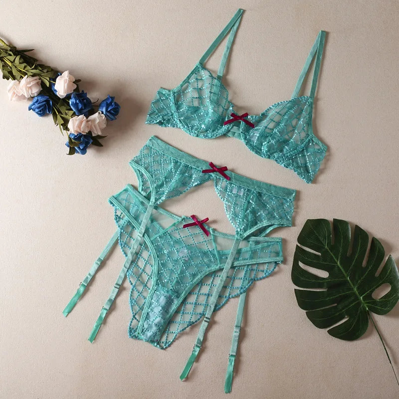 3 Pieces Lake Blue Embroidery Underwire Bra