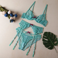 3 Pieces Lake Blue Embroidery Underwire Bra