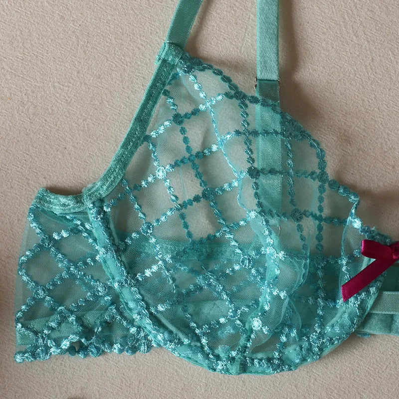 3 Pieces Lake Blue Embroidery Underwire Bra