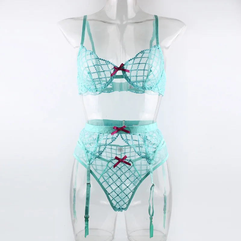 3 Pieces Lake Blue Embroidery Underwire Bra