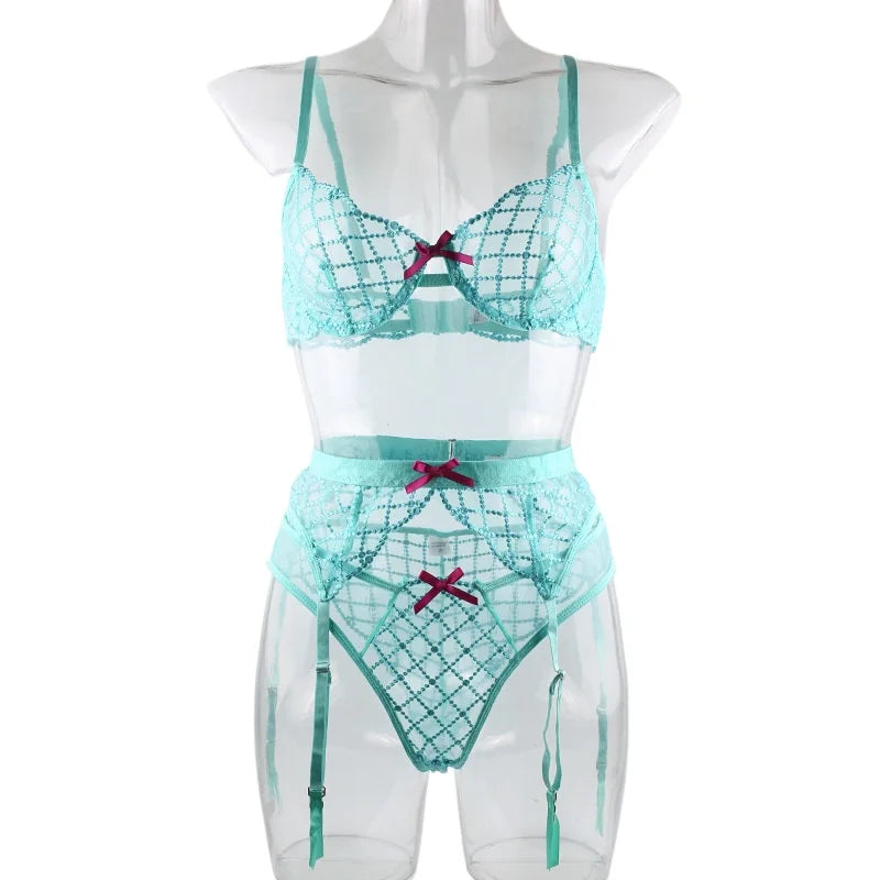 3 Pieces Lake Blue Embroidery Underwire Bra