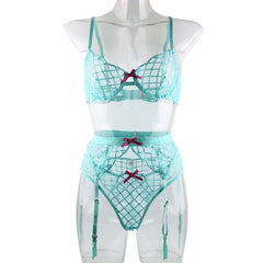 3 Pieces Lake Blue Embroidery Underwire Bra