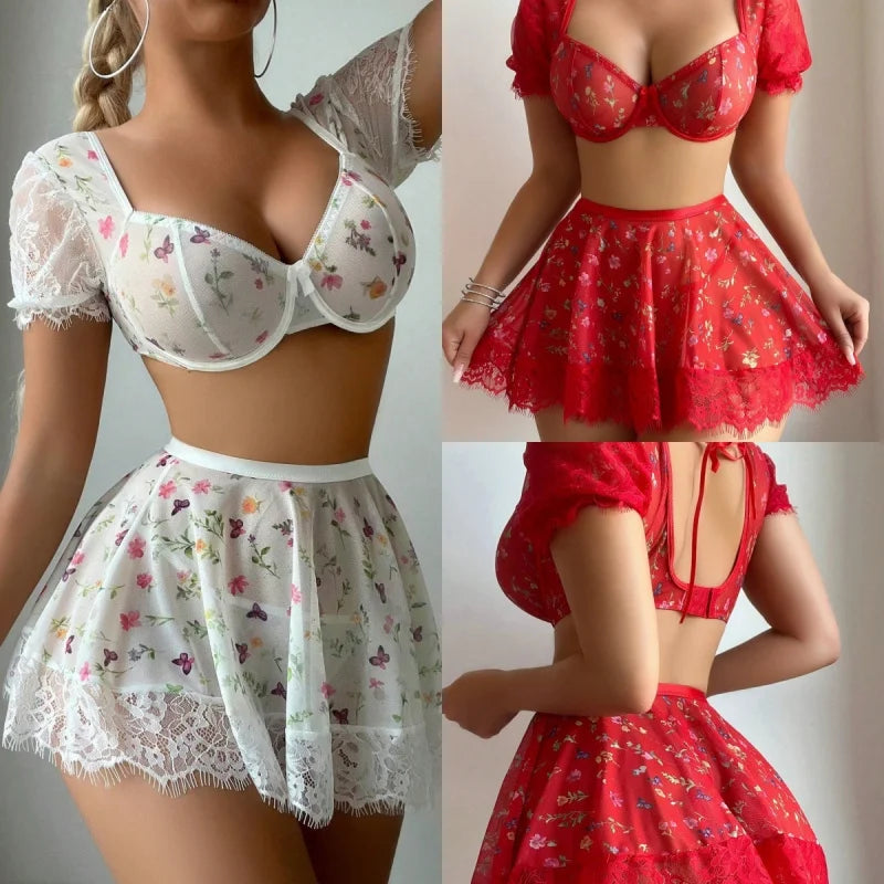 3 Pieces Western Lace See Through Printed Mini Skirt