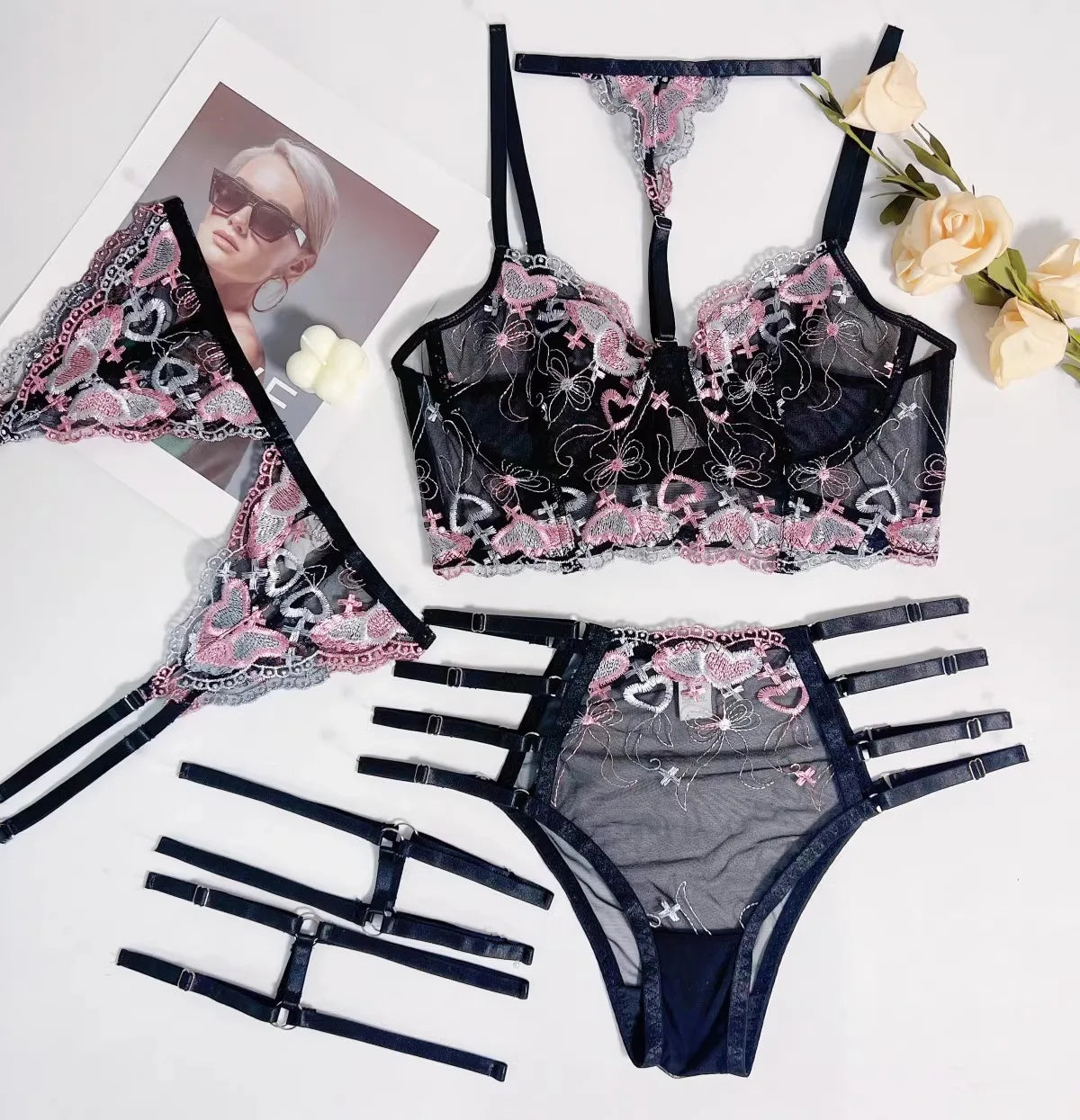 3 Pieces Set Mesh Embroidery Lingerie