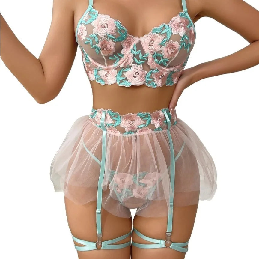 3 Pieces Set Mesh Embroidery
