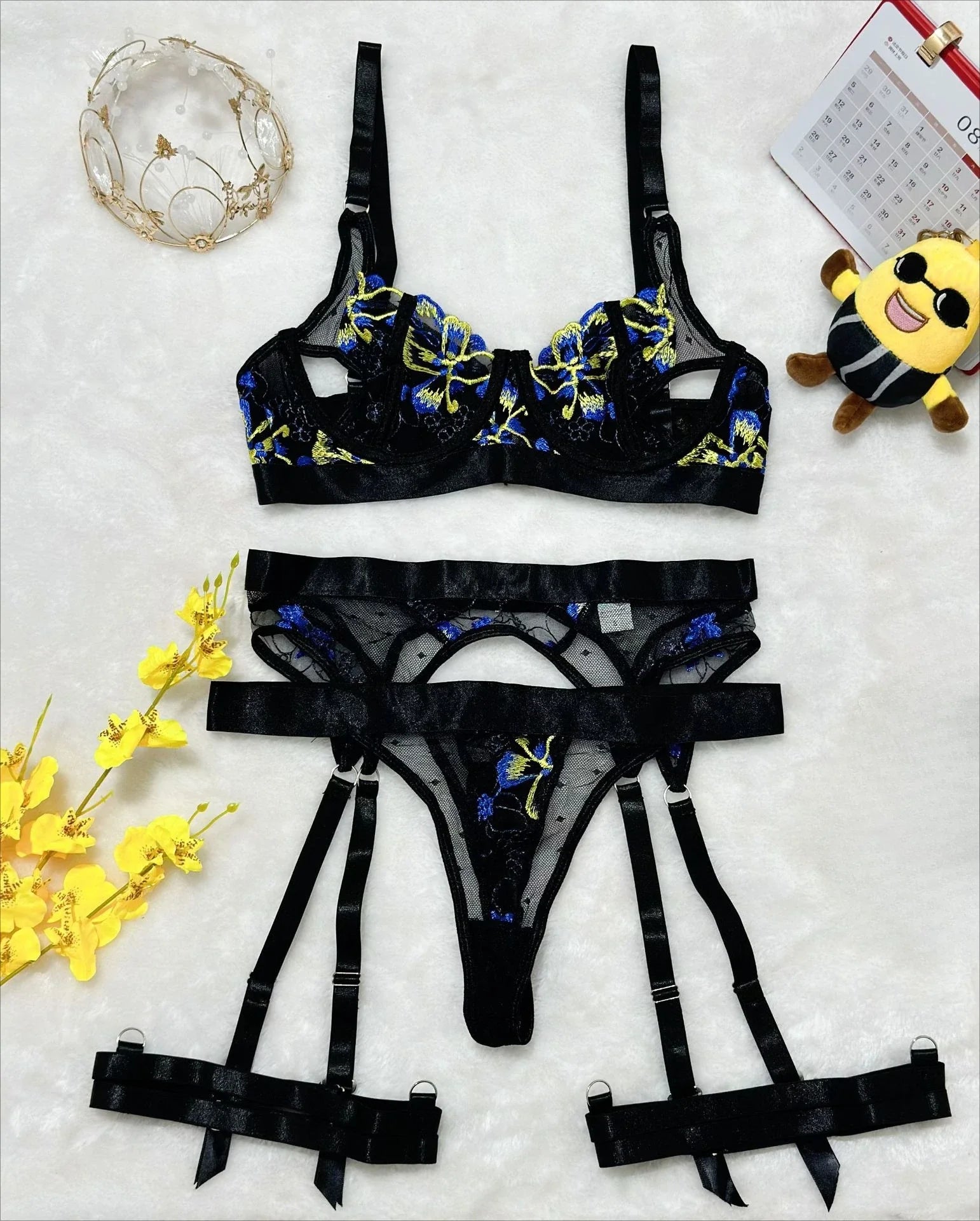 3 Pieces Embroidery See Through Mesh Belt Bra