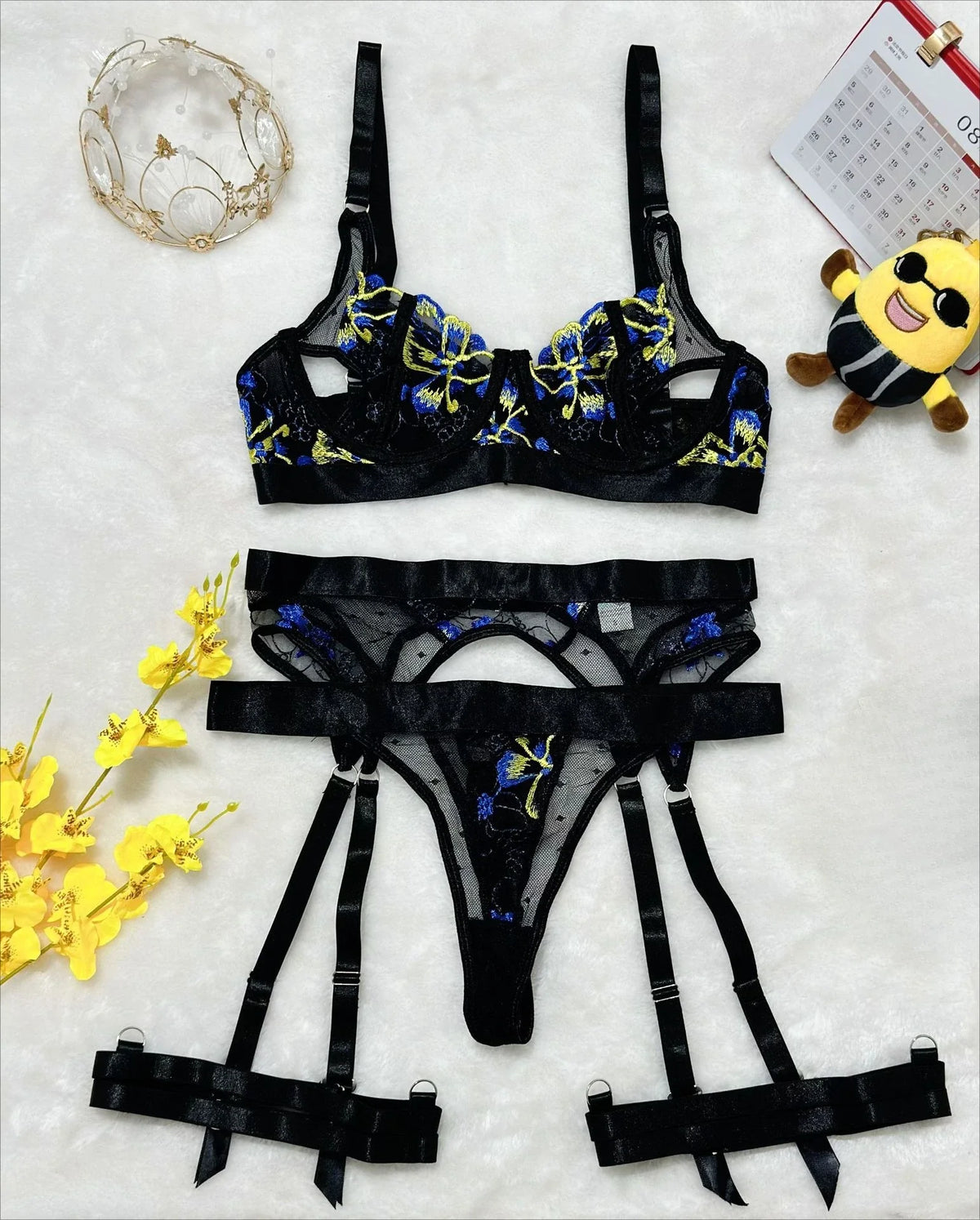 3 Pieces Embroidery See Through Mesh Belt Bra