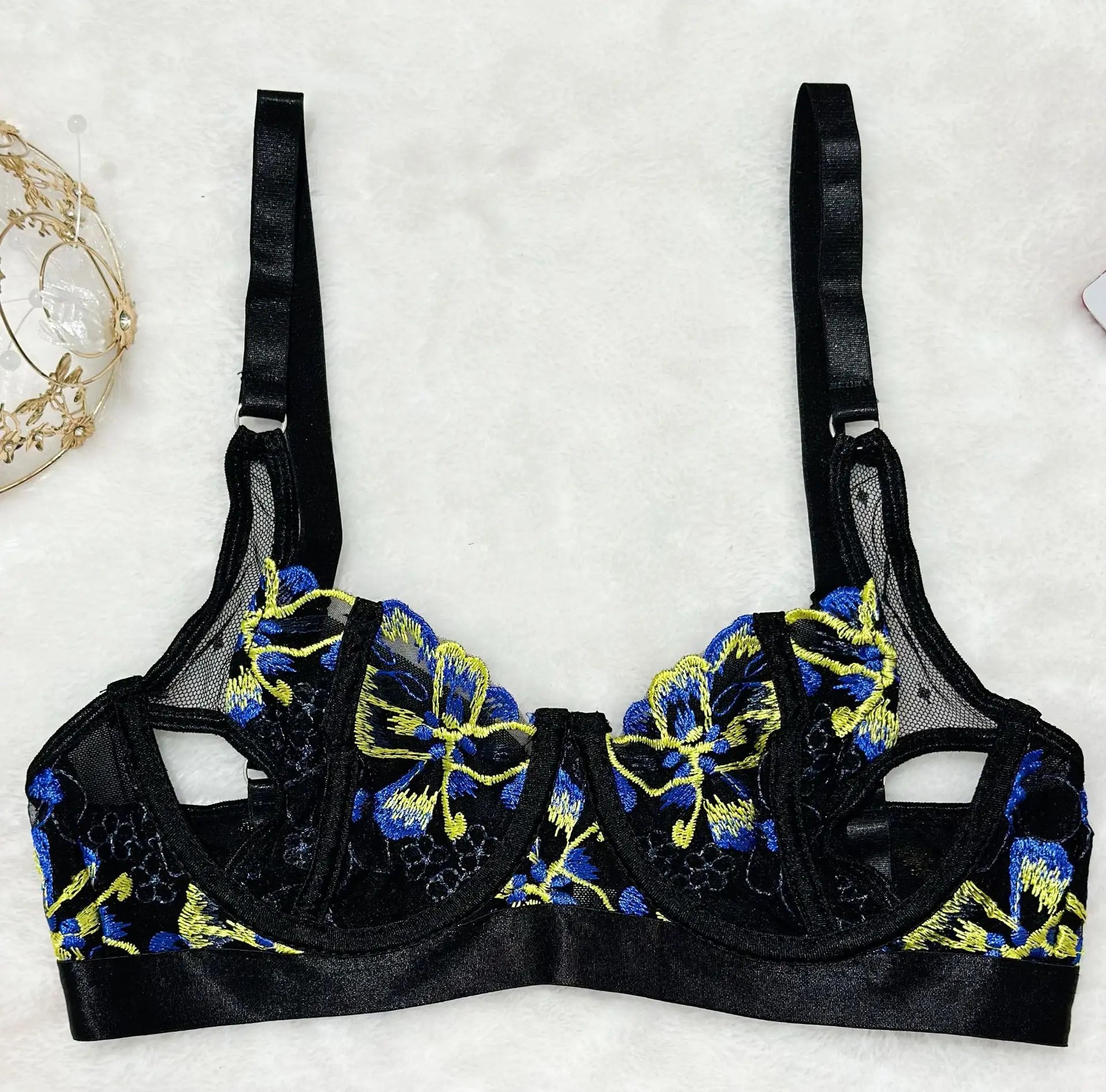 3 Pieces Embroidery See Through Mesh Belt Bra