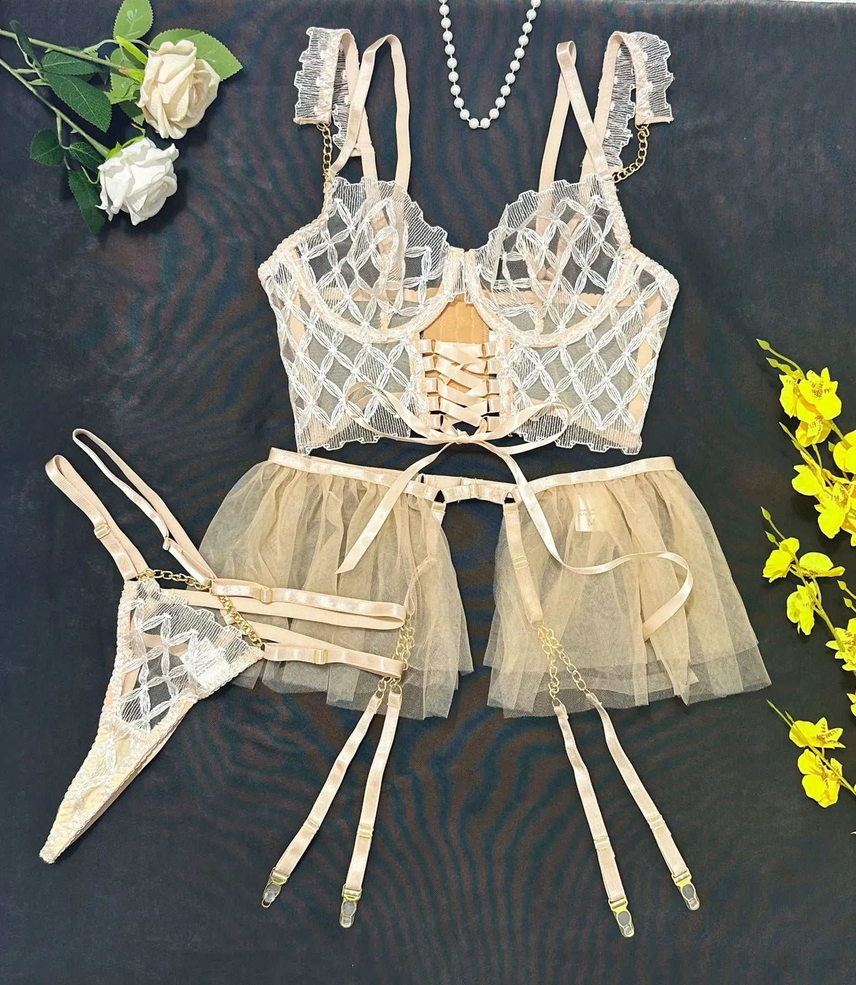 3 Pieces Embroidery Strappy Mesh Puffy Skirt Bra