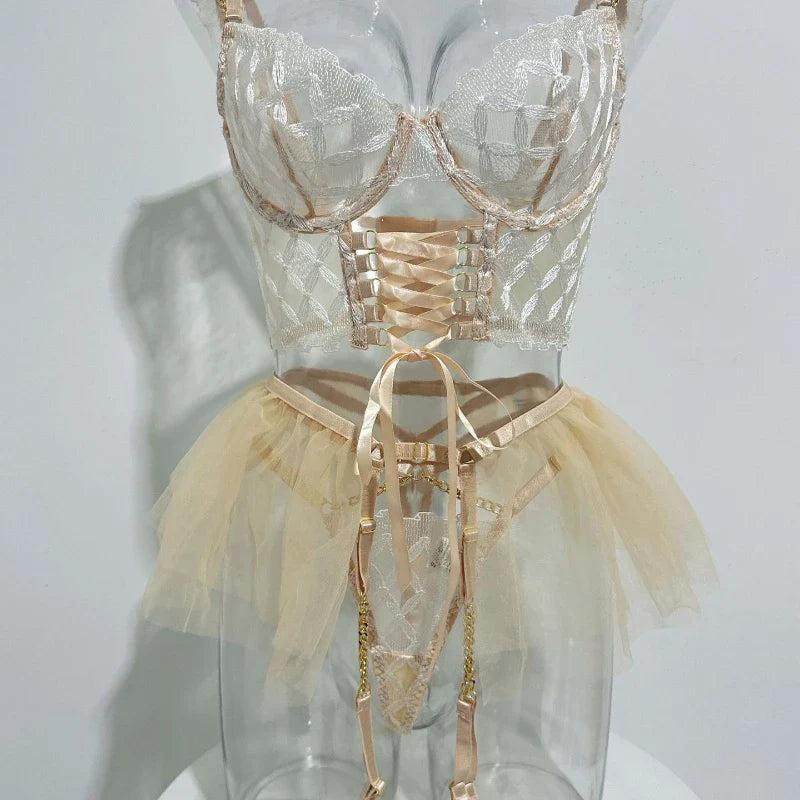 3 Pieces Embroidery Strappy Mesh Puffy Skirt Bra