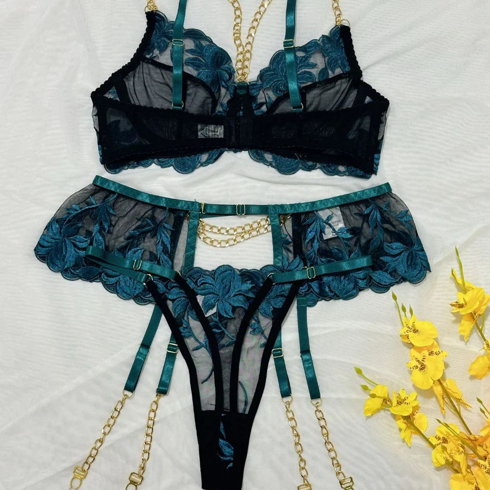 3 Pieces See Through Mesh Embroidery Chain Bra