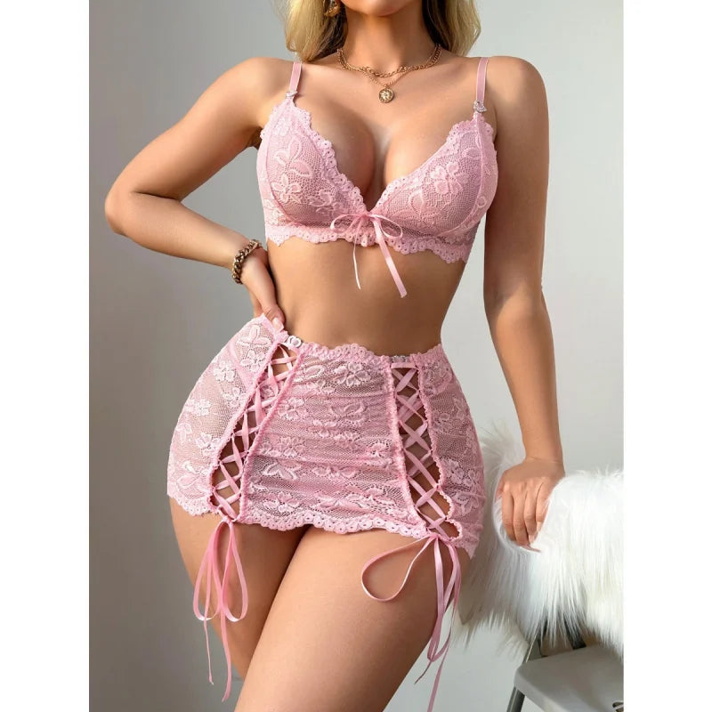 3 Pieces Western Lace Mini Skirt Thong Bow Tie