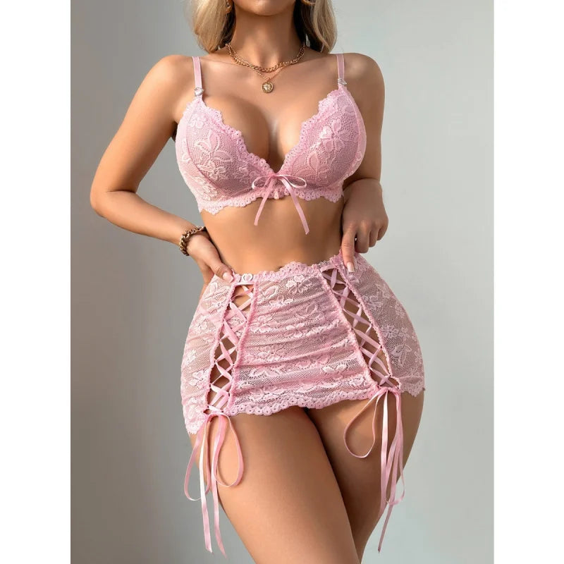 3 Pieces Western Lace Mini Skirt Thong Bow Tie