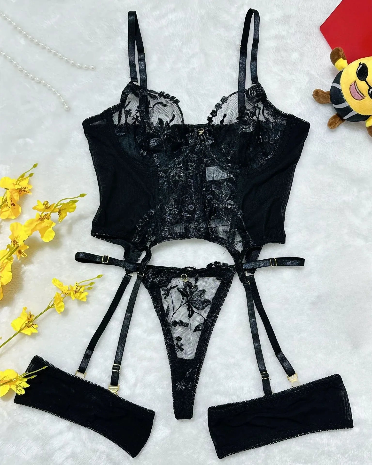 3 Pieces Western See Through Mesh Embroidery Bra