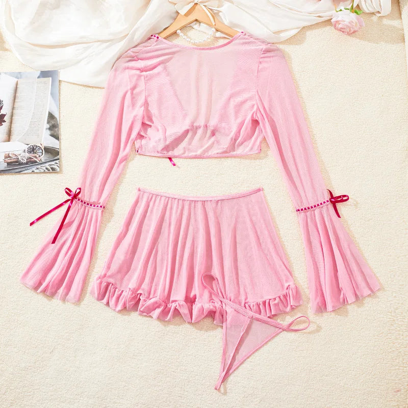3 Pieces Western Style Sheer See Through Uniform Skirt Mini Thong G String Summer Erotic Lingerie Set