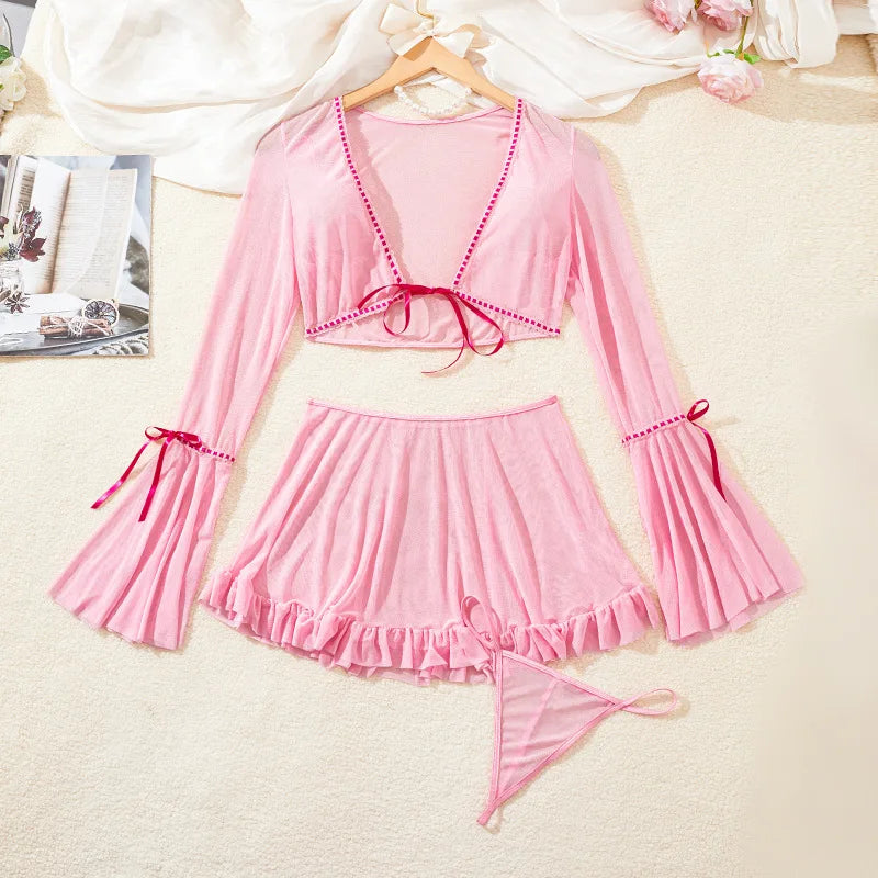3 Pieces Western Style Sheer See Through Uniform Skirt Mini Thong G String Summer Erotic Lingerie Set