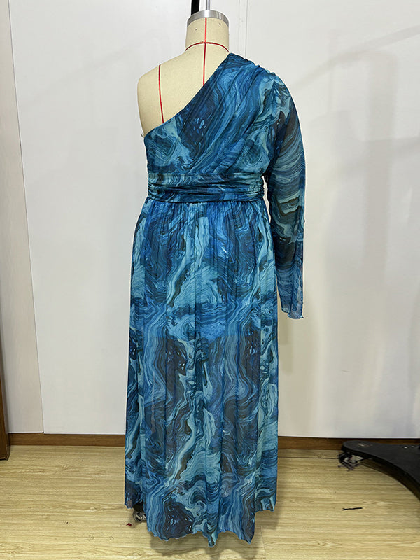 Asymmetric Pleated Printed Split-side A-line High Waisted One-shoulder Maxi Dresses