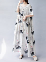 Pleated Printed Split-Joint Loose Short Sleeves Round-neck Midi Dresses