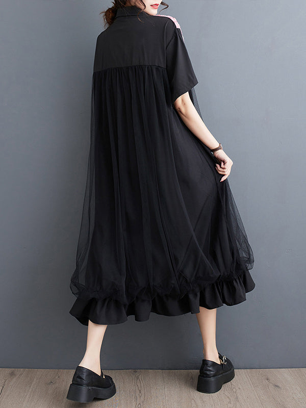 Falbala Printed Split-Joint Loose Short Sleeves Lapel Midi Dresses