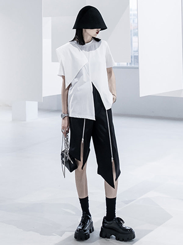 Urban Asymmetric Split-Front Solid Color Short Sleeves T-Shirt Top