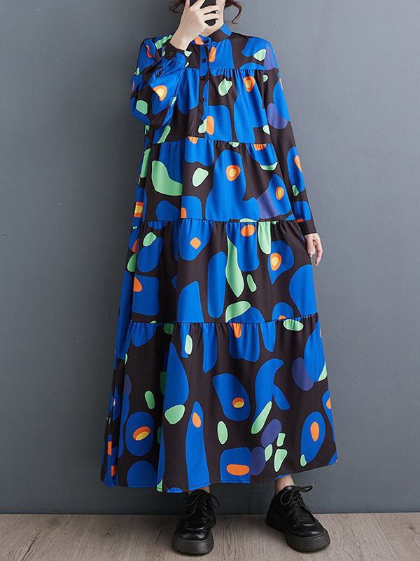 Pleated Printed Split-Joint Long Sleeves Loose Stand Collar Midi Dresses