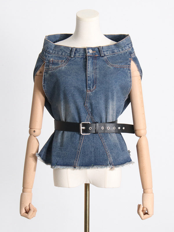 Buttoned Fringed Loose Sleeveless Belted Pockets Boat Neck Vest Top + Pants Bottom Two Pieces Set