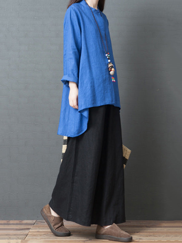 Linen Solid Color Round-Neck Puff Sleeve Blouse Tops