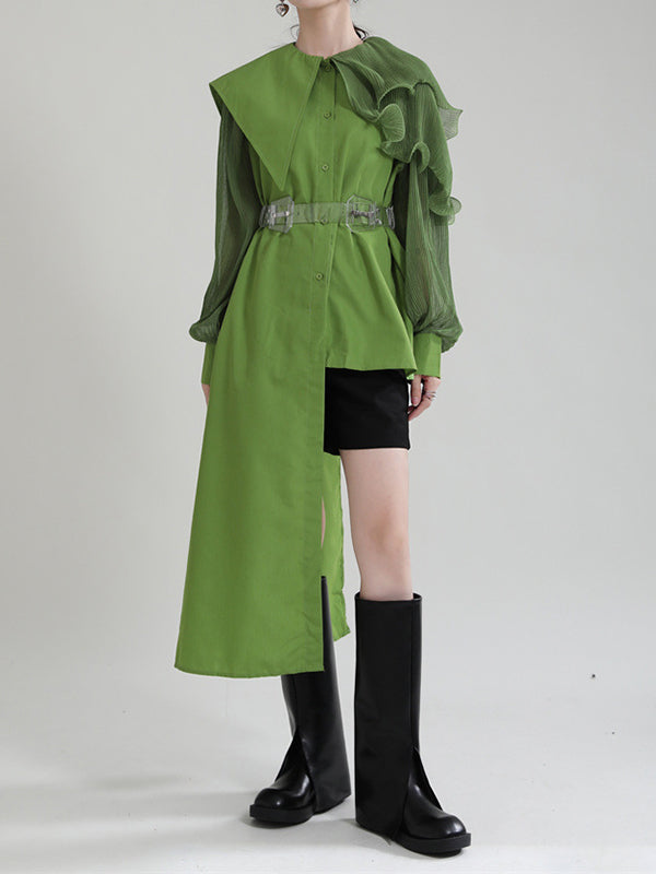 Asymmetric Pleated Solid Color Split-Joint Falbala Long Sleeves Loose Lapel Blouses&shirts Tops