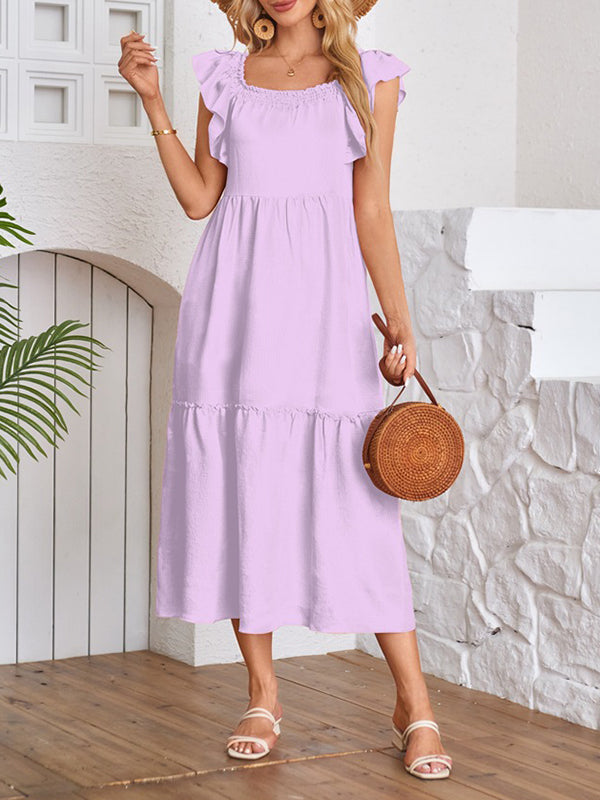 Elasticity Pleated Ruffled Solid Color Split-Joint A-Line Loose Off-The-Shoulder Midi Dresses