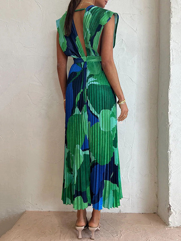 Pleated Printed Split-Joint Loose Sleeveless Deep V-Neck Maxi Dresses Evening Dresses