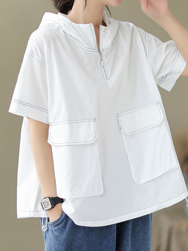 Zipper Loose Short Sleeves Hooded T-Shirts Tops