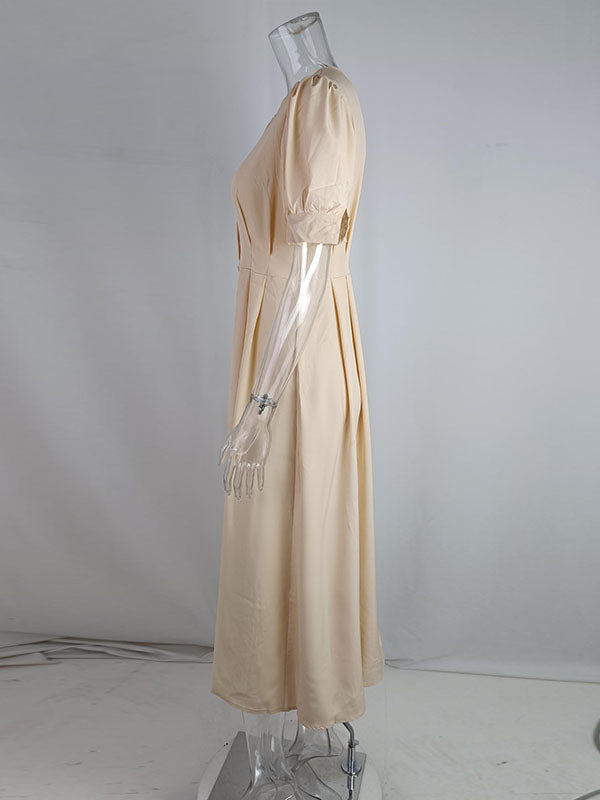 Buttoned High Waisted Loose Round-neck Midi Dresses